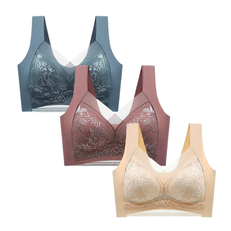 Lace Seamless Push-Up Bra Set - Womens Ice Silk Bralette Lingerie 3PCS