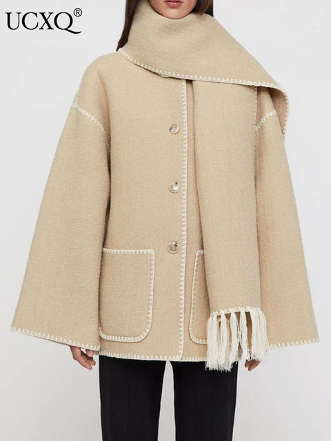 Ucxq Women Patchwork Fringe Scarf Collar Coat Double-sided Woolen