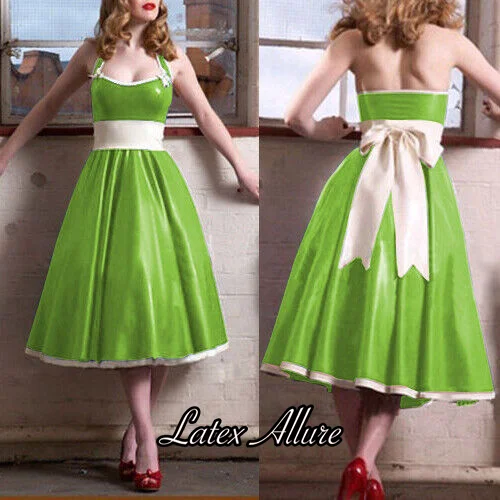 100% Natural Latex Pleated Dress Apple Green with White Trims Halter Neck  Backless 60s Style with Bows Long Rubber Gummi Skirts - AliExpress