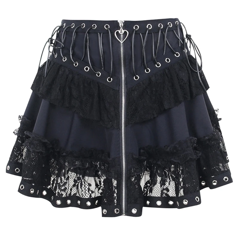 

Woman Girls Steampunk A-line Skirt Elegant Pleated Lace Black Skirts High Waist Dropship