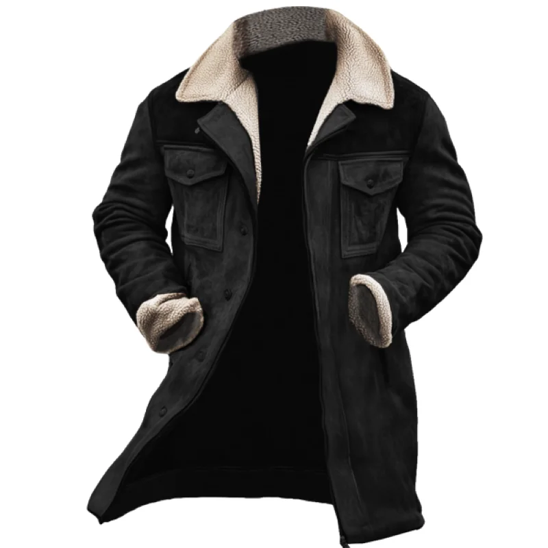 Mens Vintage Suede Coat Lamb Fleece Lined Patchwork Design Reverse Collar Multi Pocket S90eb5c0140b1489daef00057cd0c6d544