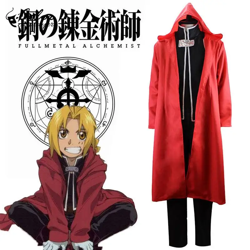 

Color Cosplayer Anime Fullmetal Alchemist Edward Full Set Red Cape Hooded Coat Custom Made Halloween Cosplay Costume