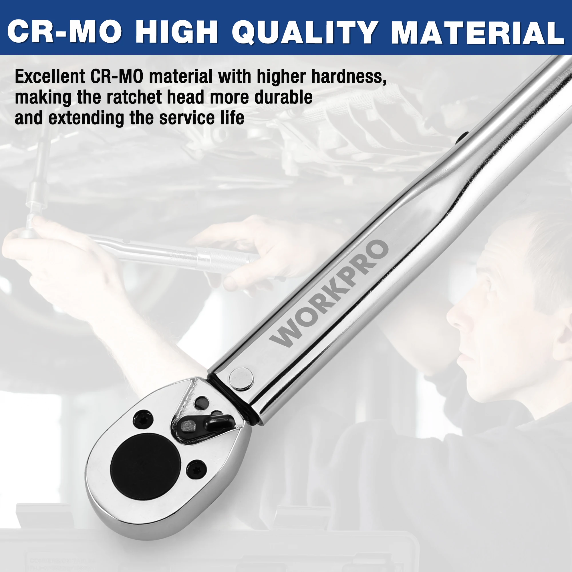 WORKPRO 1/4'' Square Drive Torque Wrench 5-100 Ft-lb 24-Tooth Two-way Precise Ratchet Wrench Repair Spanner Key
