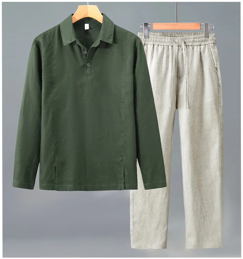 Herren 100% Leinen Langarm-Hemd und Hosen Set, Leichter Atmungsaktiver Lässiger Leinenanzug für Frühling und Herbst – Detail 11