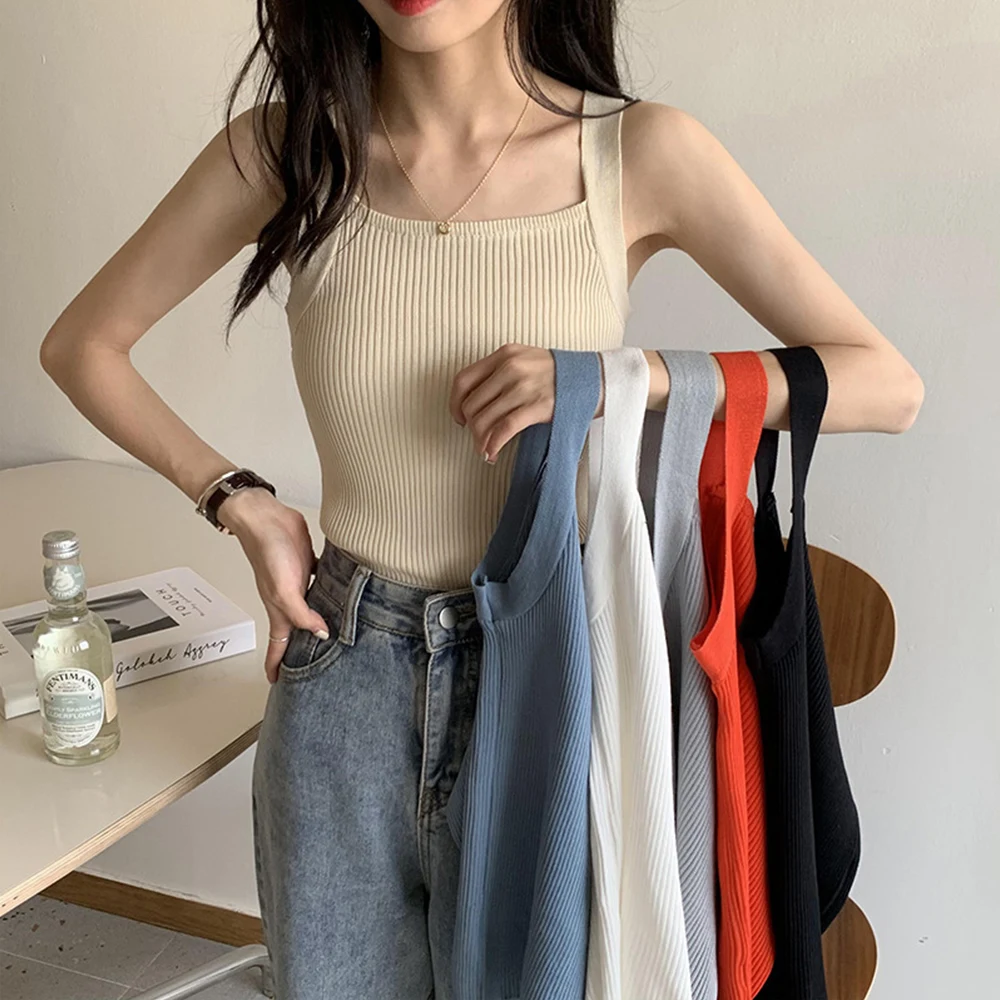 

Women Knitted Sleeveless Vest Solid Color Square Neck Tank Top Plain Casual T-shirt Wide Strap Breathable Short Sleeve Crop Tops