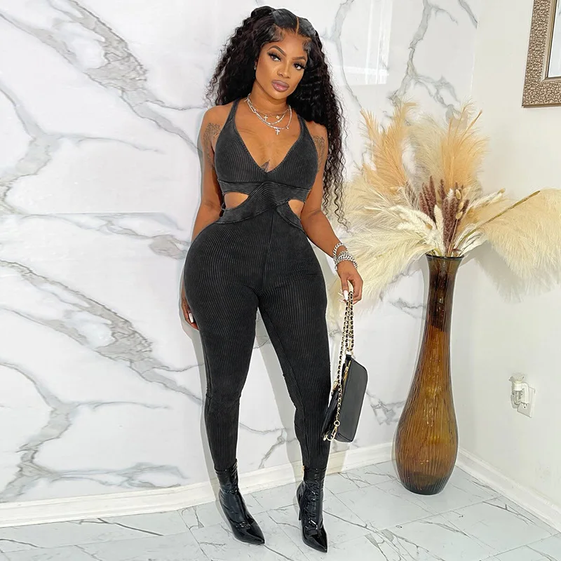 Sexy Halter Lace Up Backless Bodycon Jumpsuits Women Sleeveless Cut Out Straight Pants One Piece Rompers 2023 Summer Overalls