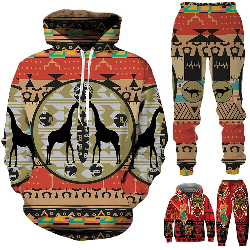 

Retro Style 3D African Print Streetwear Hoodie Suit Casual Kids Boys/Men's Sweatshirts Vintage Sportswear Tracksuit Pants Sets