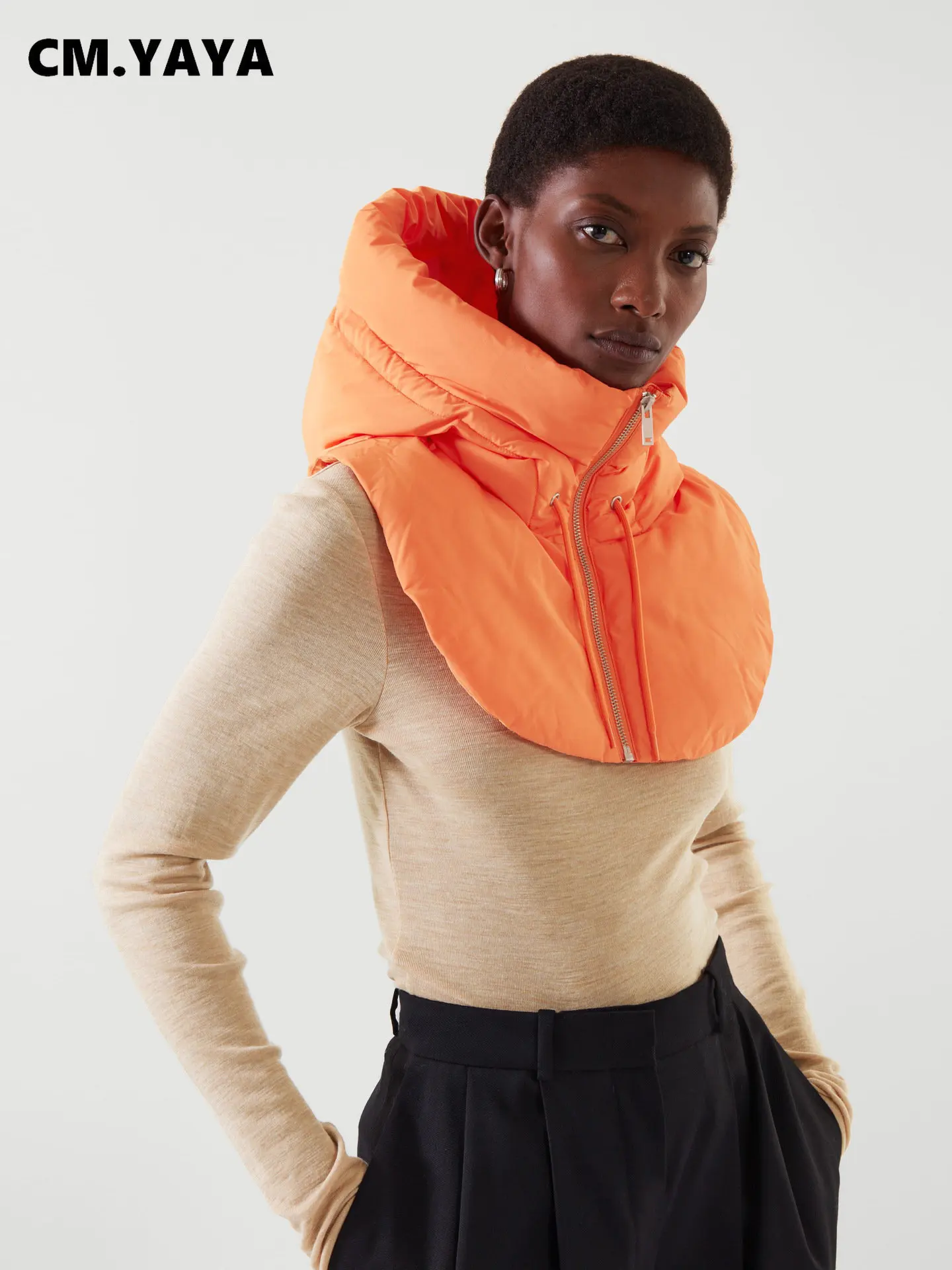 Women Fashion Hooded Zipper Fly Parkas Scarf Vest