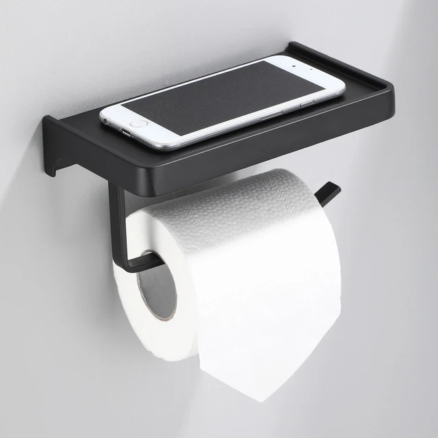 Black Toilet Paper Holder With Shelf Box And Storage For Bathroom Phone Rack