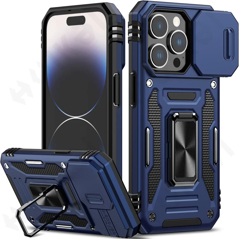 Case For iPhone 15 14 13 12 11 Pro XS Max Plus XR 8 7 Plus SE 2022 2020 Ring Stand Armor Anti-fall Slide Camera Kickstand Cover