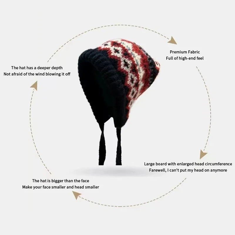 Ethnic Retro Striped Spliced Knitted Hat Autumn Winter Thickened Warm Brimless Ear Protection Woolen Cap Cold Resistant Women