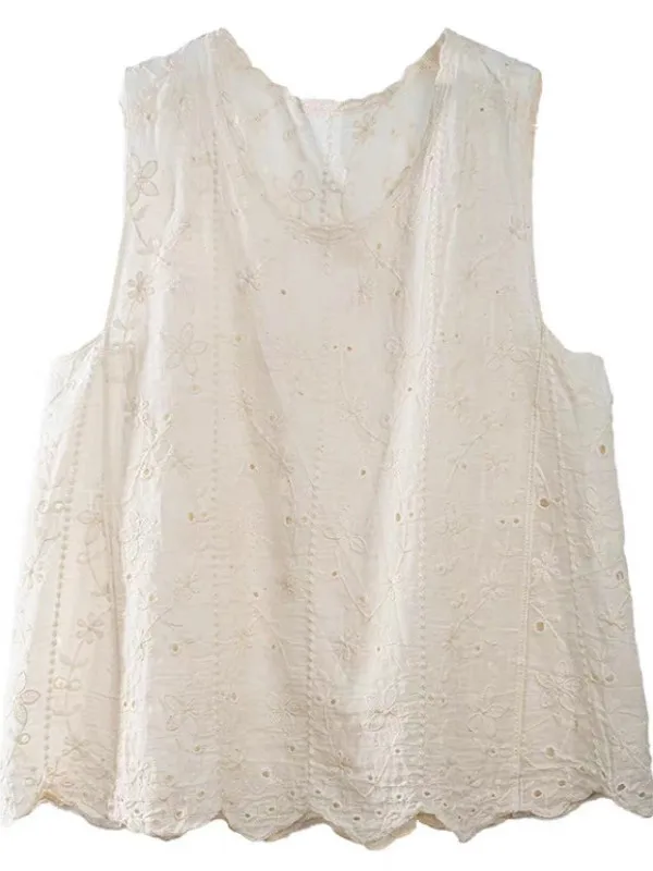 Pure Cotton Embroidered White Strapl Loose Fit Summer Top Women's Artistic Outerwear Meat Concealing Thin Sle Svel...