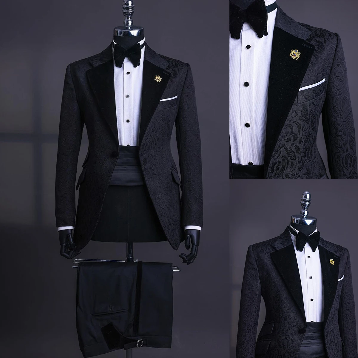 Luxury Jacquard Men's Suits Tailored 2 Pieces Blazer Pants Peaked Velvet Lapel One Button Wedding Slim Custom Made Plus Size