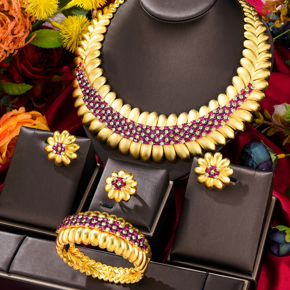 

GODKI New Maple Leaf Flower Luxury 4pcs African Dubai Jewelry Set For Women Wedding Party Cubic Zircon Indian Bridal Jewelry Set