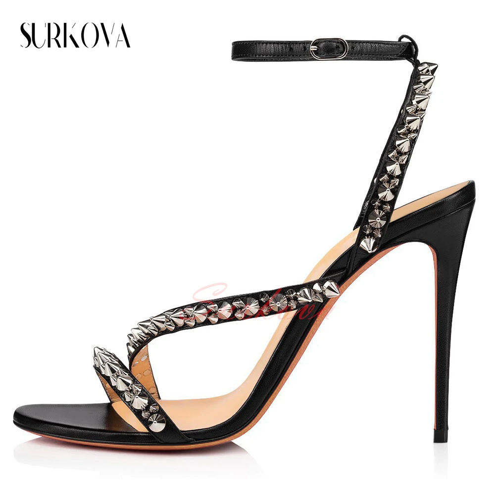 

Studded Ankle Belt Narrow Band Buckle Sandals Round Toe Stilettos Sexy Open Toe Sandals for Women Fashion Thin Heel Dress Shoes