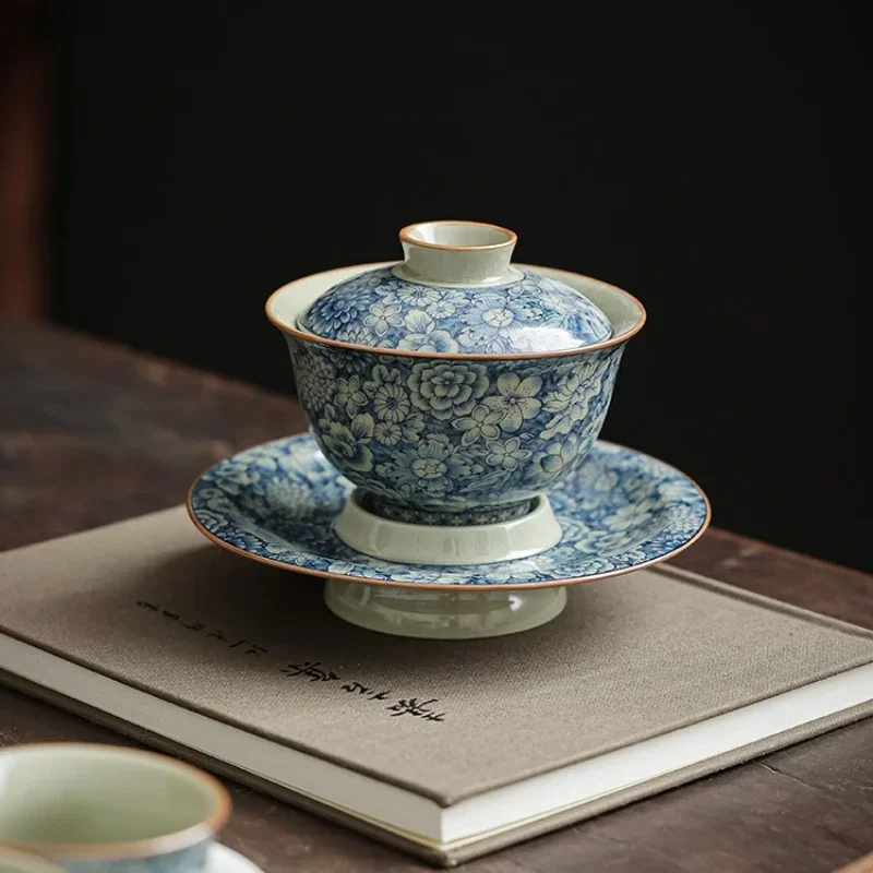 

Антикварные цветы, керамическая открывающаяся чайная синяя чайная чаша, чайная чаша, чайная чашка