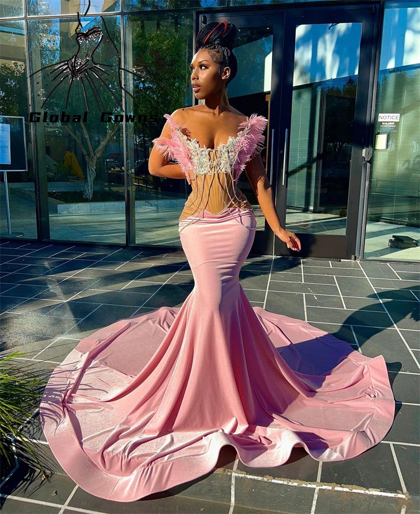 Pink Strapless Long Prom Dress For Black Girls 2022 Feathers Birthday Party  Gowns Appliques Celebrity Dresses Robe De Soiree| | - AliExpress