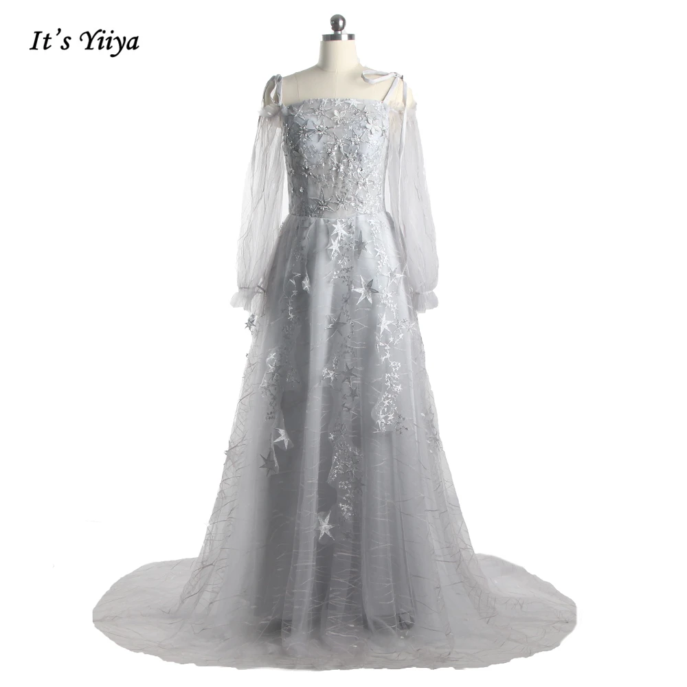 Abiti Da Sera Ricamo Grigio Con Spalle Scoperte Maniche Lunghe Cerniera Sul Retro Piega Del Treno A-Line Plus Size Abito Da Festa Donna E428