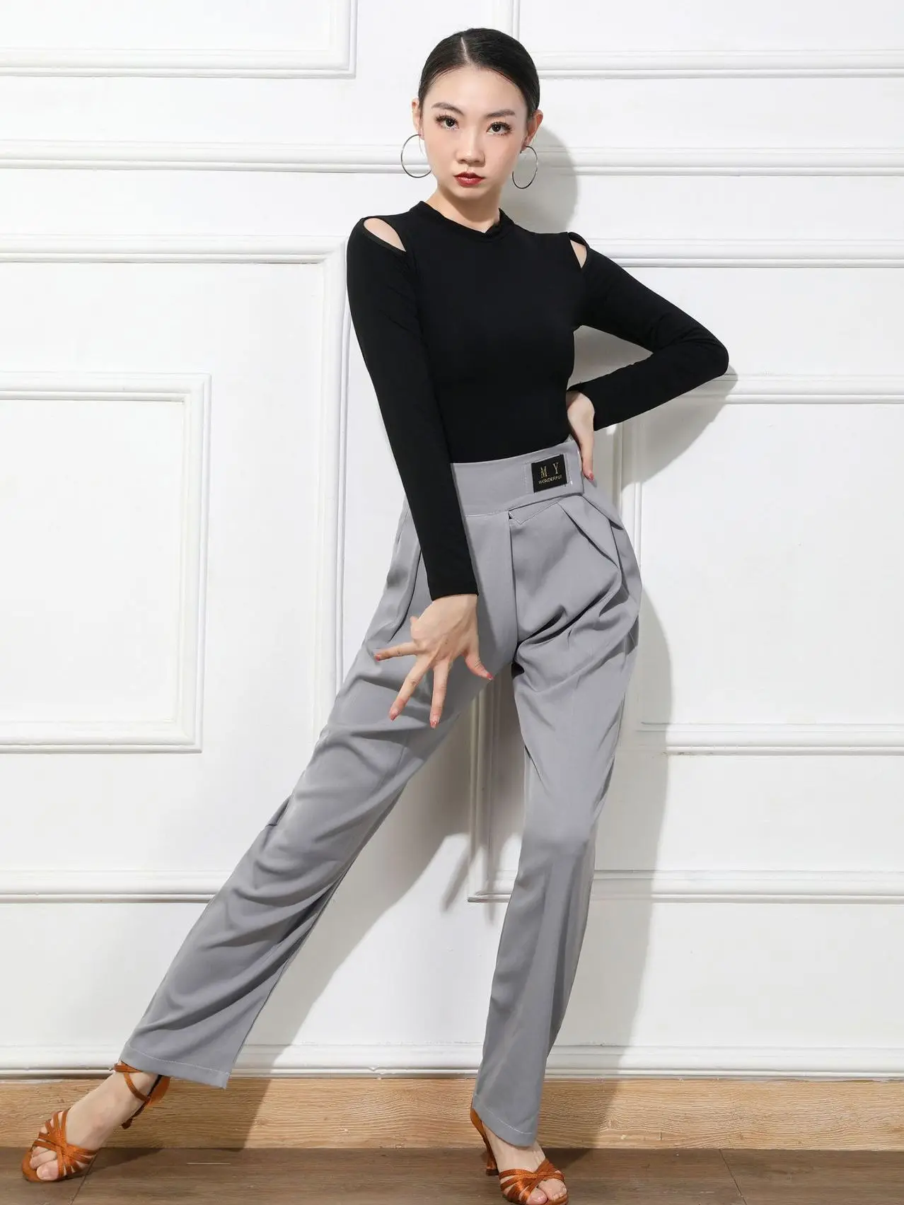 Solid Color Modern Latin Dance Practice Pants Belly Costume Classical High Waist Competition Line trousers Women Ballroom Jazz