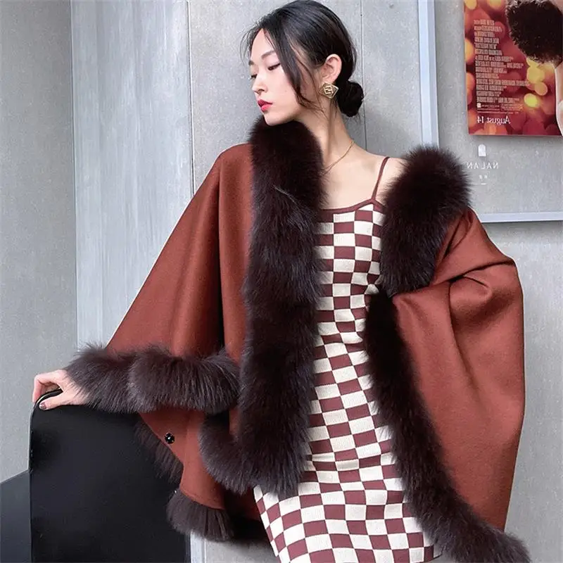 Winter New Medium and Long Women's Wool Double-sided Tweed Fox Fur Collar Fur Cloak Shawl накидки и пончо плащ женский плащ женский ивета