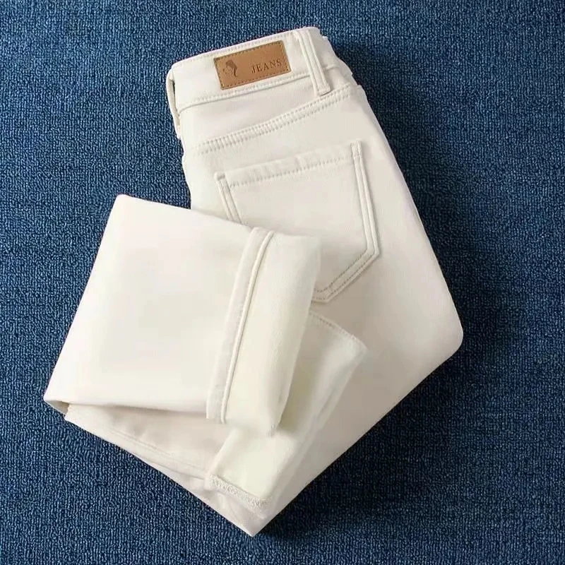 Classic Casual Ankle Length Warm Vaqueros Basic Fleece High Waist Denim Pants Plus Velvet Thicken Beige Straight Jeans Women