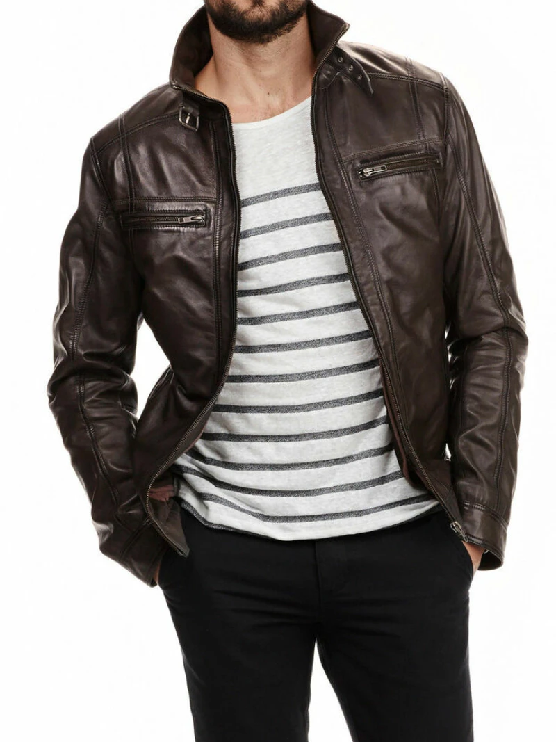 Men Biker Leather Jacket Brown Lambskin Zipper Closure Winter Cover Ups