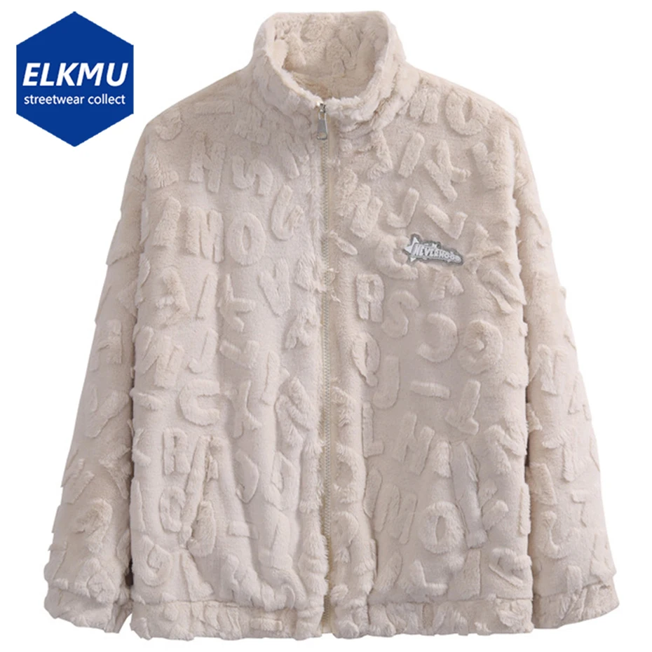 

3D Letter Plush Fleece Jacket Men Autumn Winter Fluffy Fuzzy Coat Streetwear Harajuku Oversized Hip Hop Jackets