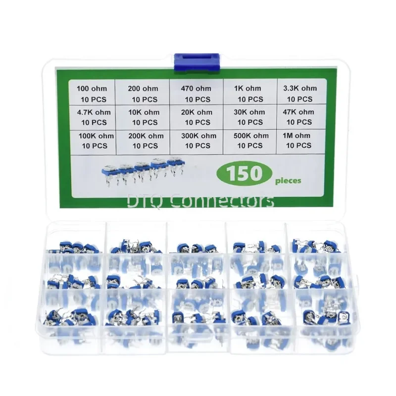 블루 및 화이트 조정 가능한 저항기 상자 키트, RM065, 15 사양, 10 개, 100R-1M, 150 개, 6mm