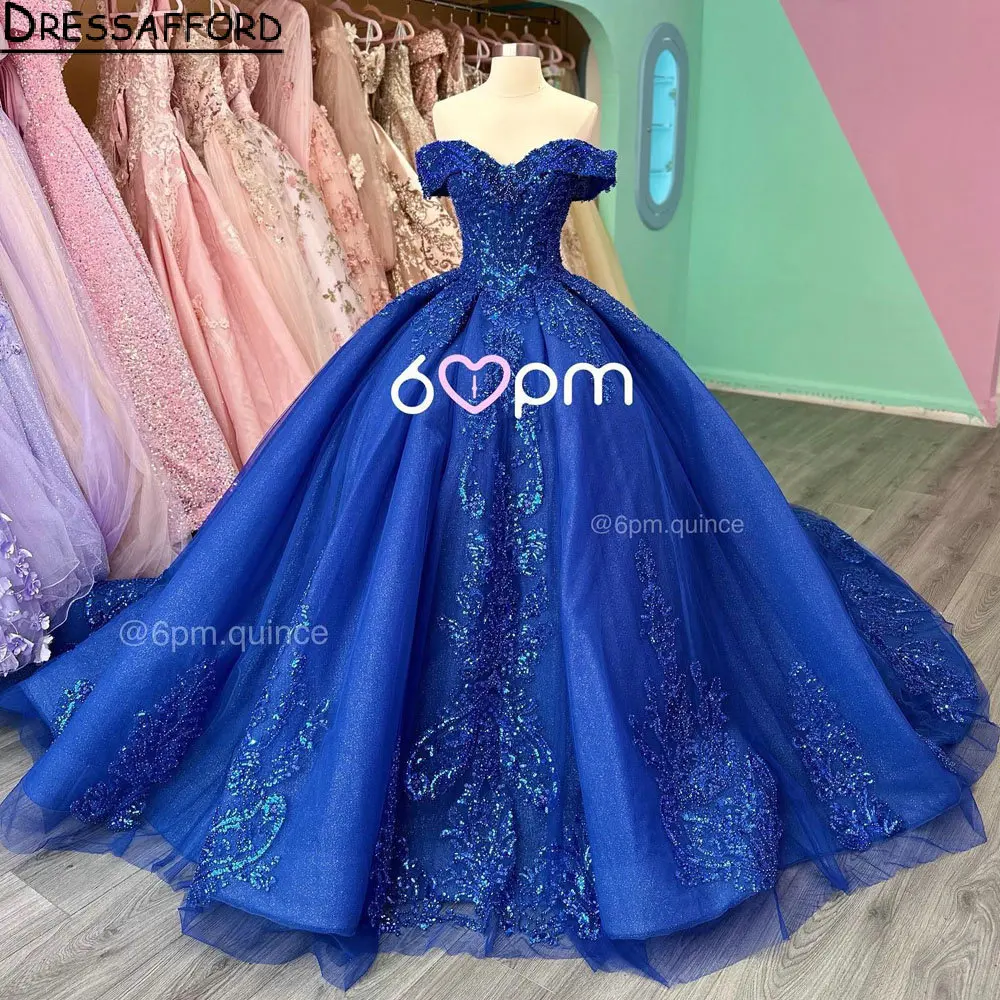 

Royal Blue Sequined Appliques Lace Ball Gown Quinceanera Dresses Off The Shoulder Beading Crystal Corset Vestidos Para XV Años