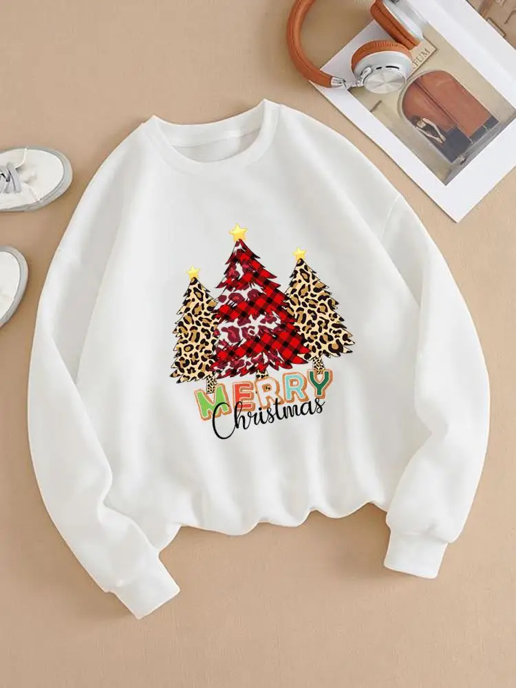 

Holiday New Year Leopard Plaid Tree Trend Christmas Graphic Sweatshirts Fashion Casual Print Female Women Clothing Pullovers