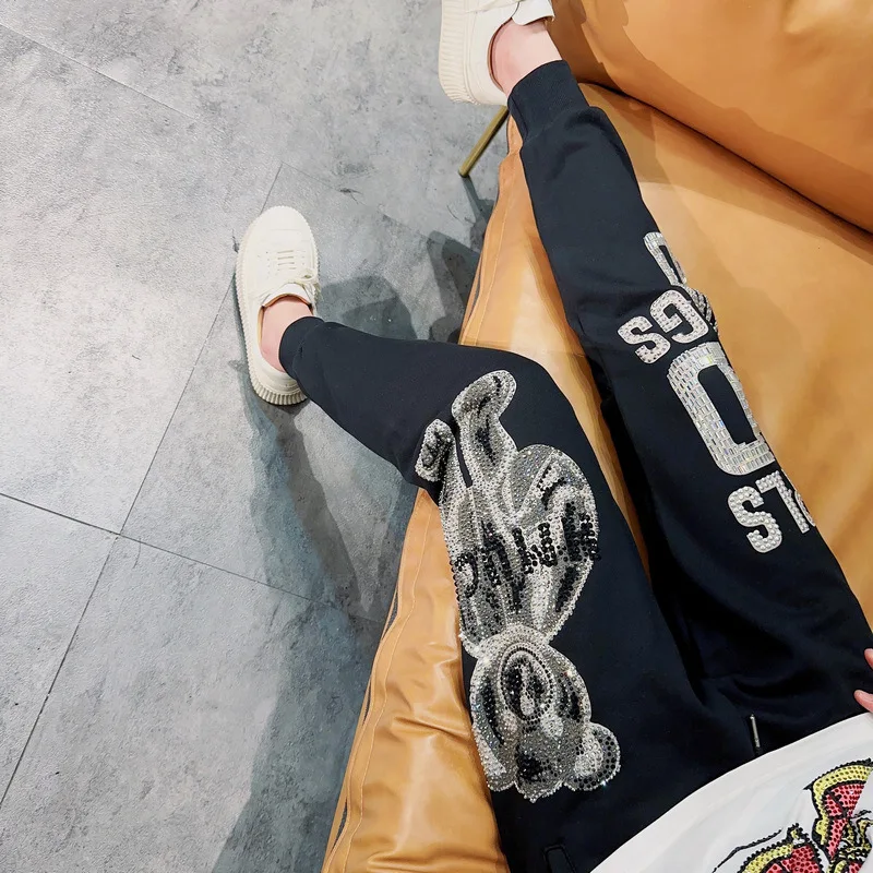 Light Luxury Fashion Rhinestone Bear Spring Autumn Sweatpants Loose Men's Women's Couple Trendy Personal Leisure Trousers