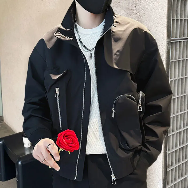 

Осенняя куртка-бомбер в стиле ретро для уличных пар, однотонная бейсбольная куртка с большим карманом, мужская куртка с отворотом, Мужская Клубная одежда