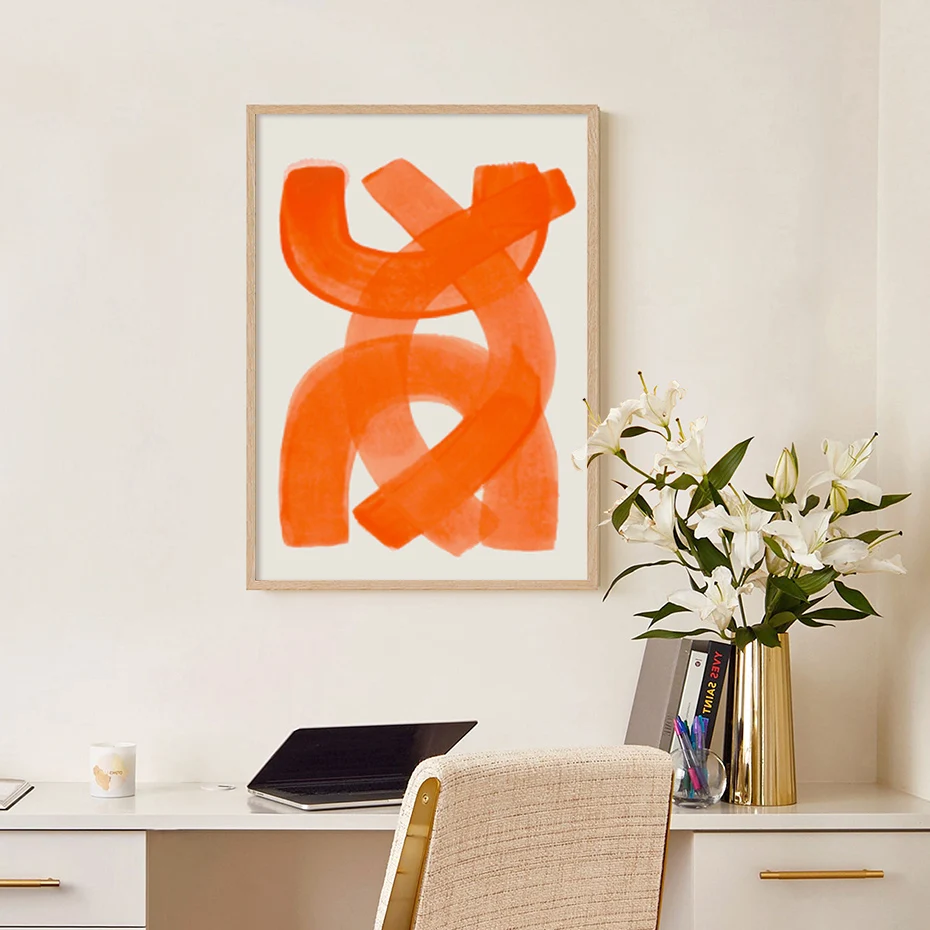 Modern Abstract Mid Century Watercolor Brush Strokes Poster Orange Canvas Print Painting Wall Art Picture Living Room Home Decor