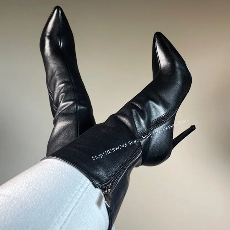 

Black Zipper Pointed Toe Leather Boots Thin High Heel Fashionable Sexy Novel Western Winter Woman Shoes Zapatillas Mujer