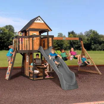 Cedar Wood Outdoor Swing Set with Slide, Rock Wall & Clubhouse 1