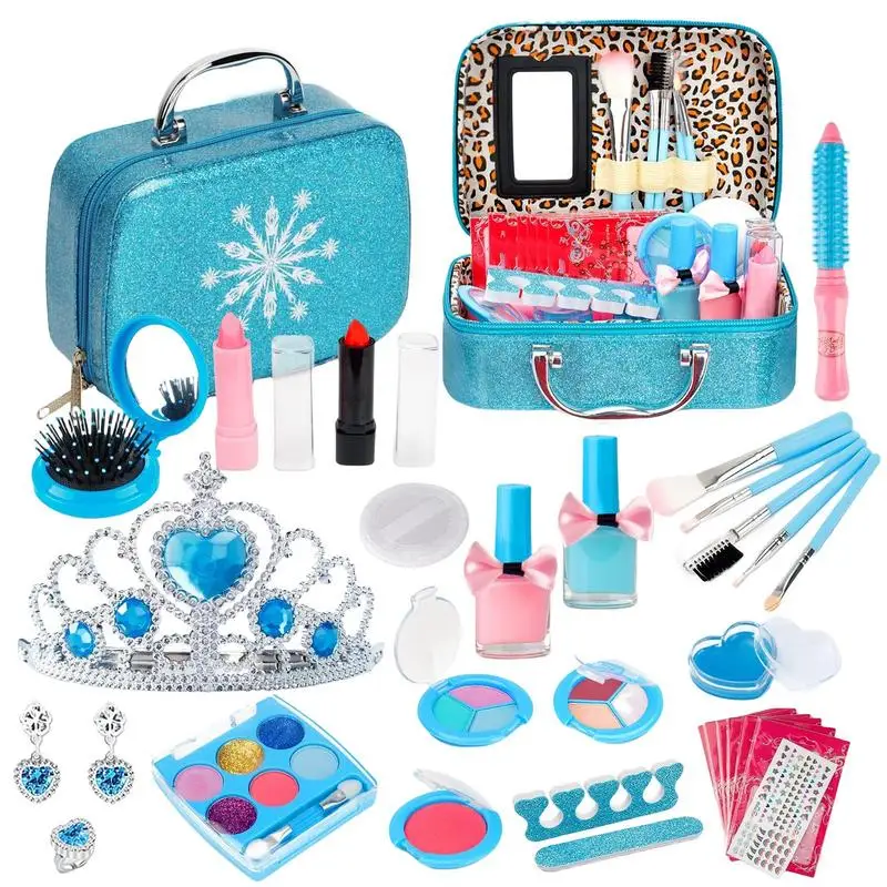 

Washable Makeup 32pcs Washable Little Girl Makeup Kits Mild Toy Cosmetic Set Christmas Handbag Gift For 3-12 Play Gift Blue