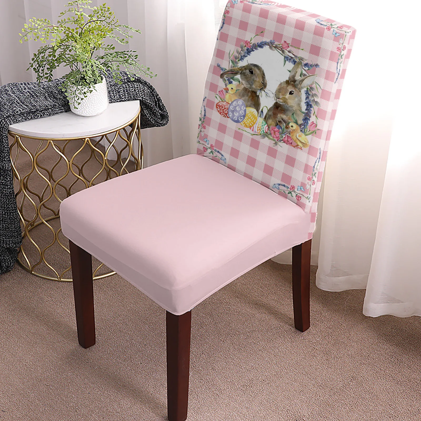 Easter Bunny Egg Flower Plaid Wood Grain Chair Cover Dining Spandex Stretch Seat Covers Home Office Decor Desk Chair Case Set