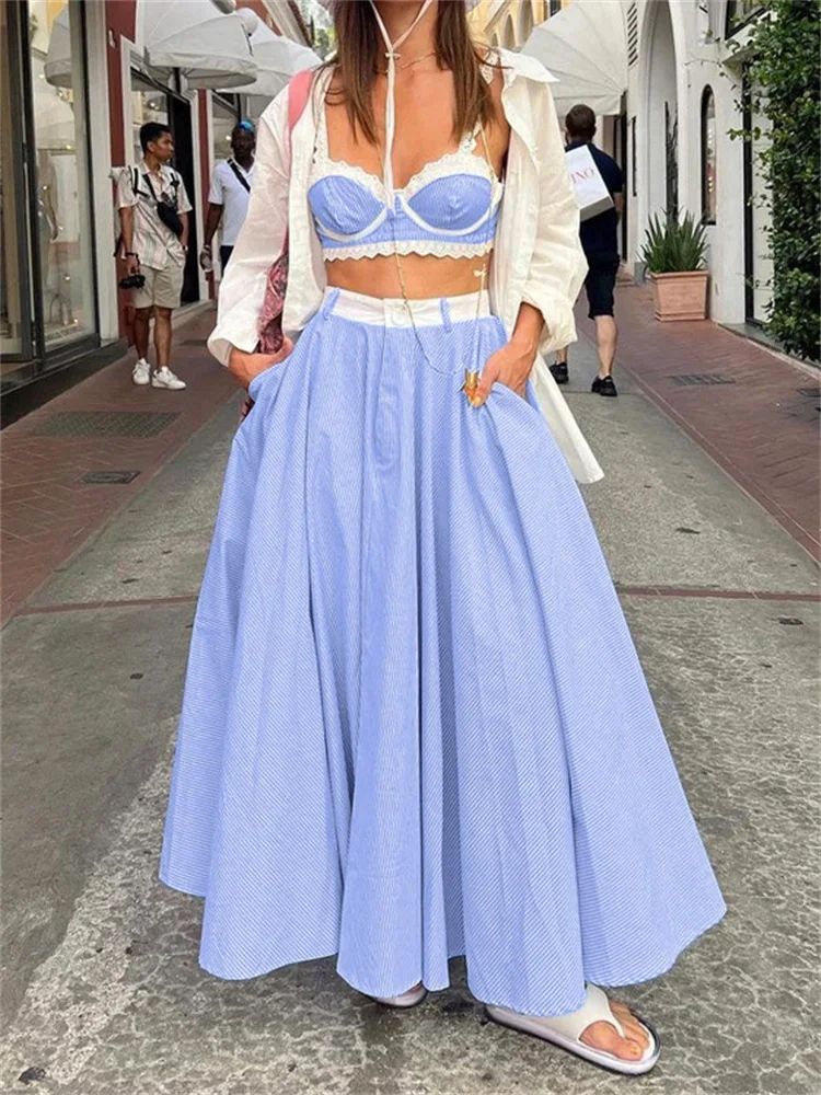 Lace Patchwork 2 Piece-Set Long Skirt For Women Contrast Slim Backless Cropped Tank Top And High Waist Maxi Skirt Outfits