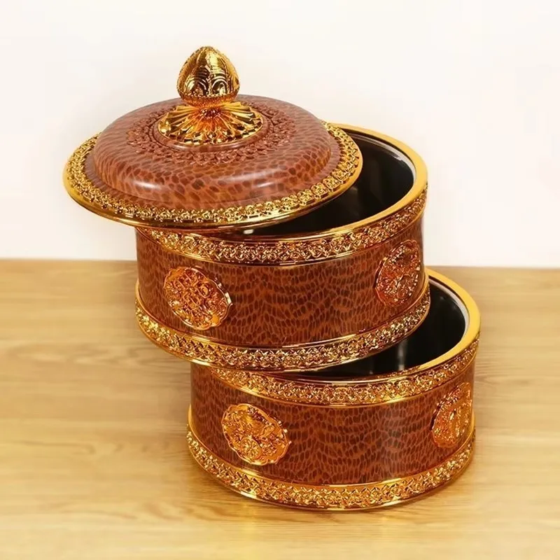 Tibetan Brown Resin Double Layer Jar Food Organizer Tantric Metals Handicraft Buddhist Storage Box Home Desktop Gift Decorative 2