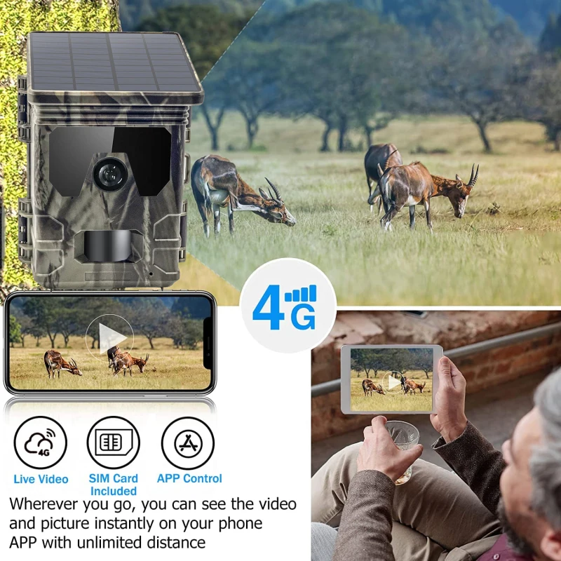 Caméra de chasse sans fil avec vision nocturne sans lueur, caméra 4G, vidéo 30MP et 2.7K, activée par le mouvement, grand angle 120