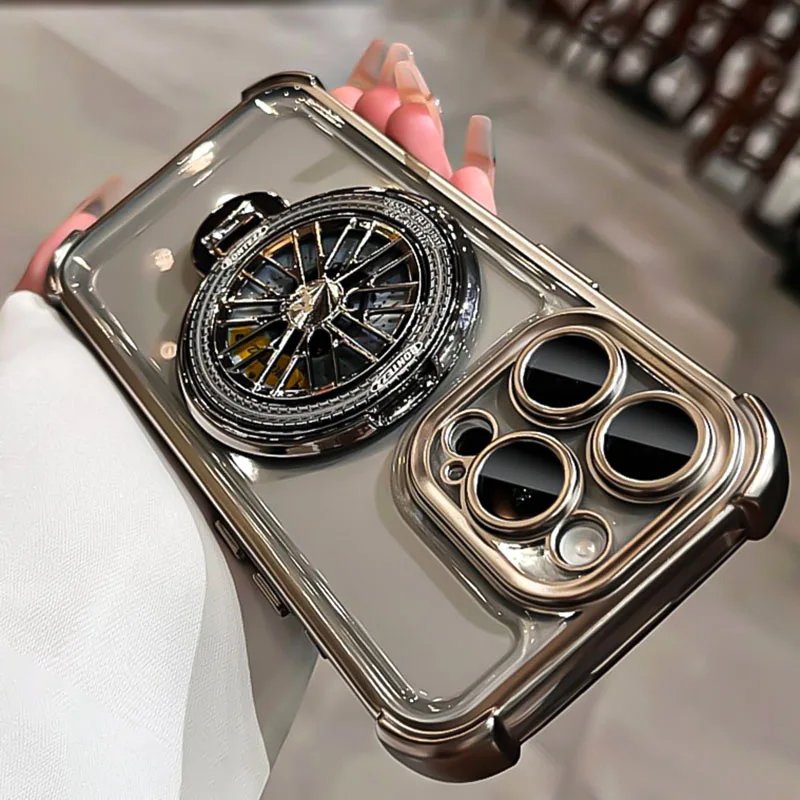 Luxury Plating Rotating Gyro Bracket Case For iPhone 17 Pro Max Air 12 13 14 15 16 Pro For Magsafe Airbag Shockproof Phone Cover