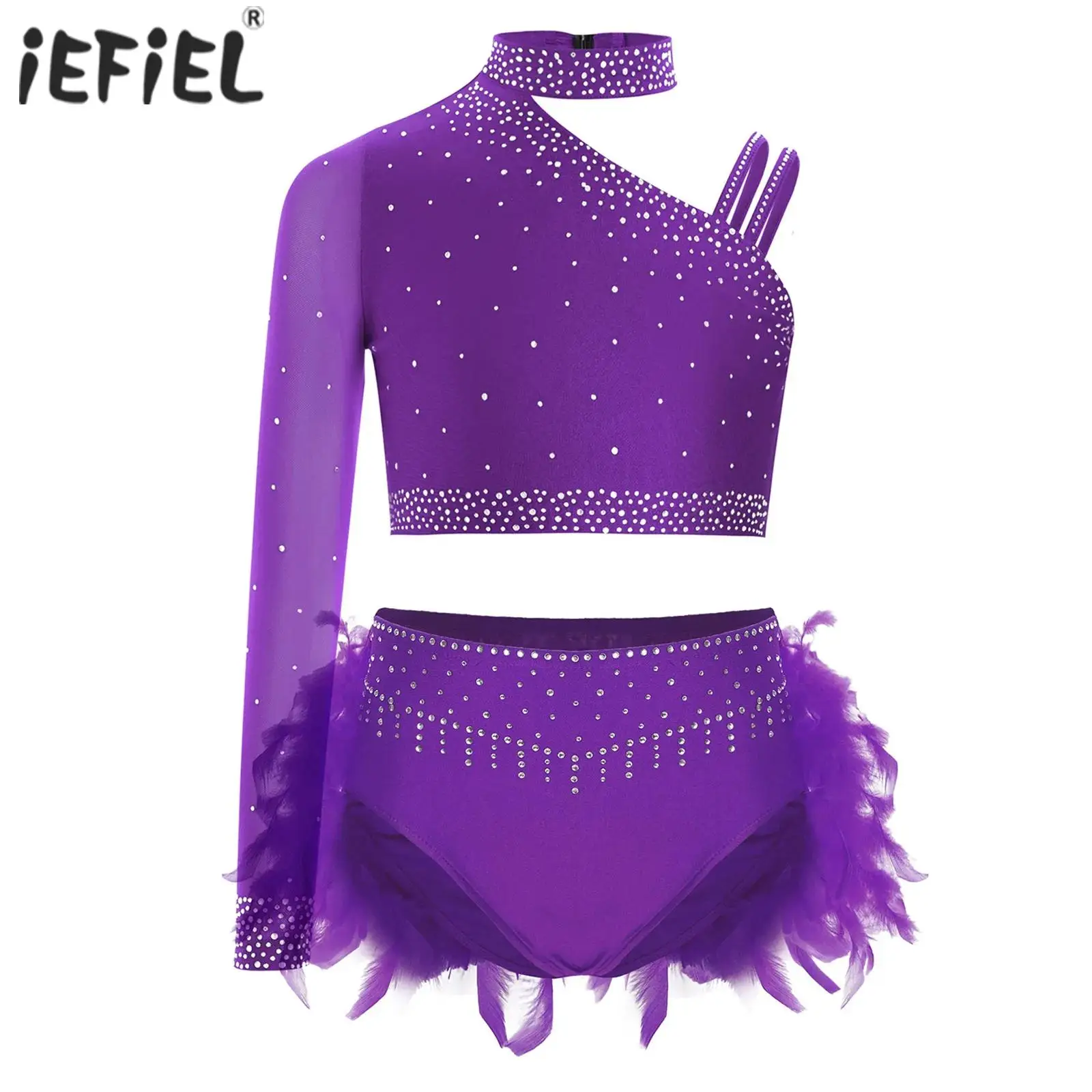 Kids Girls Ballet Tops Performance Costume Rhinestones Gymnastics Unique Irregular Shoulder Crop Top with Briefs Suit