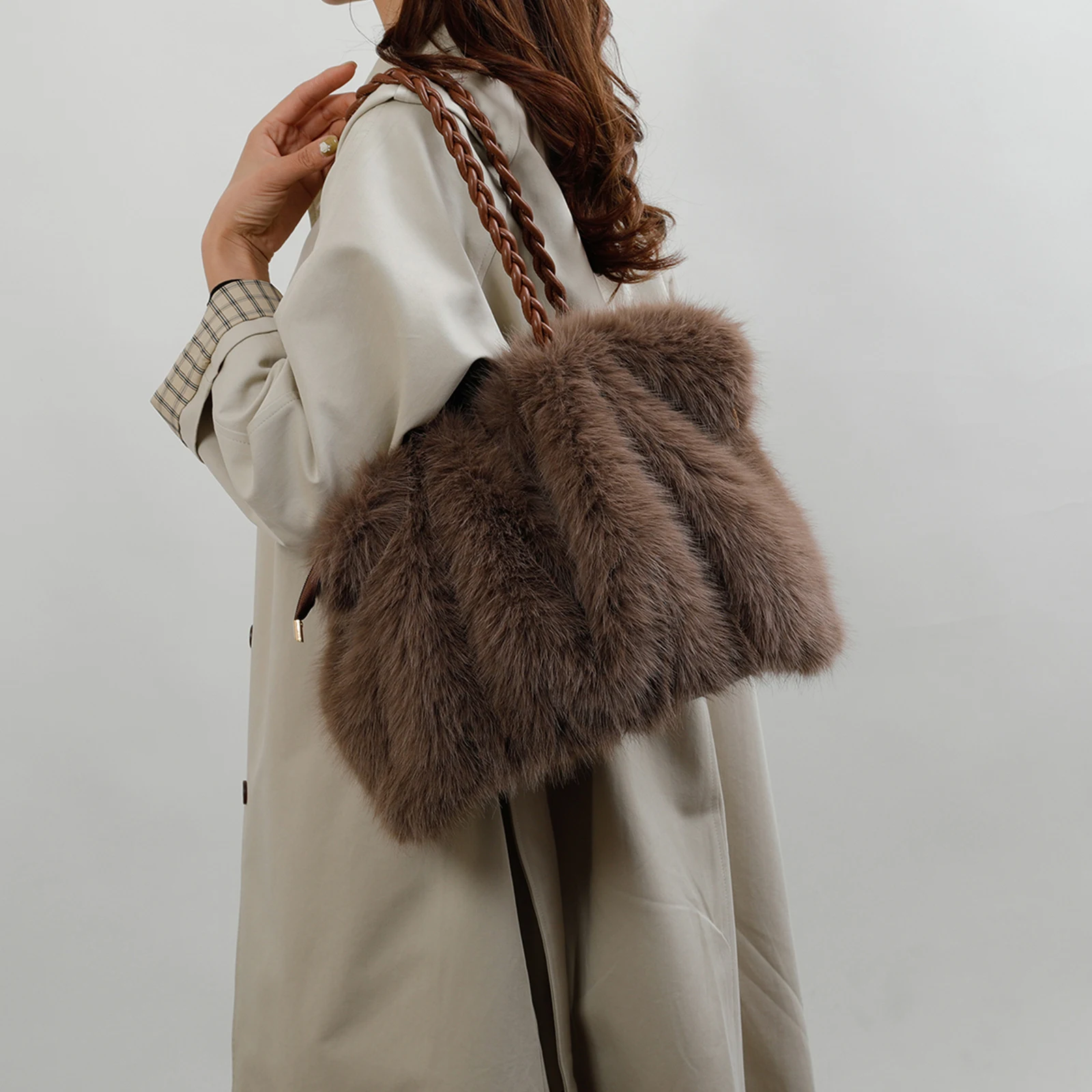 Women Girls Plush Solid Color Shoulder Bag with Detachable Strap Shoulder Crossbody Bag Fuzzy Tote Bag for School Work Daily Use