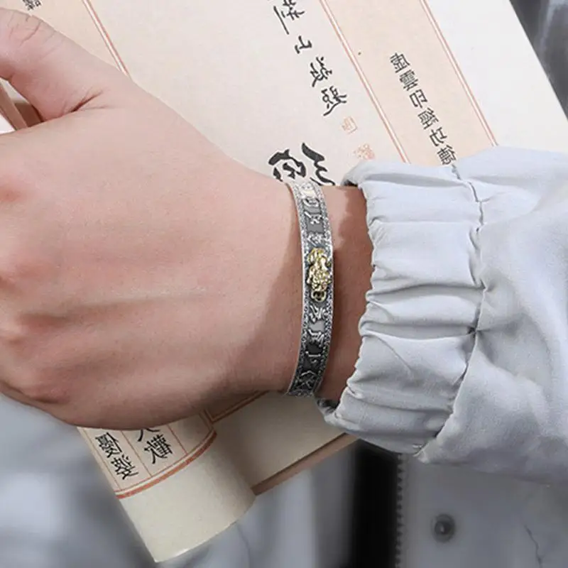 Antique Silver Plated Feng Shui Pixiu Open Bangle Bracelet for Men Women Unisex Wristband Pixiu Wealth Good Luck Jewelry Gifts 2
