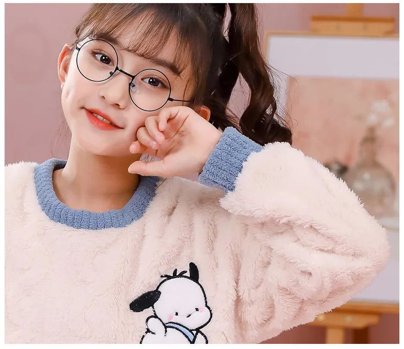 Sanrio Pajamas Flannel Kids Melody Cinnamoroll Kuromi Girls Round Neck Home Clothes