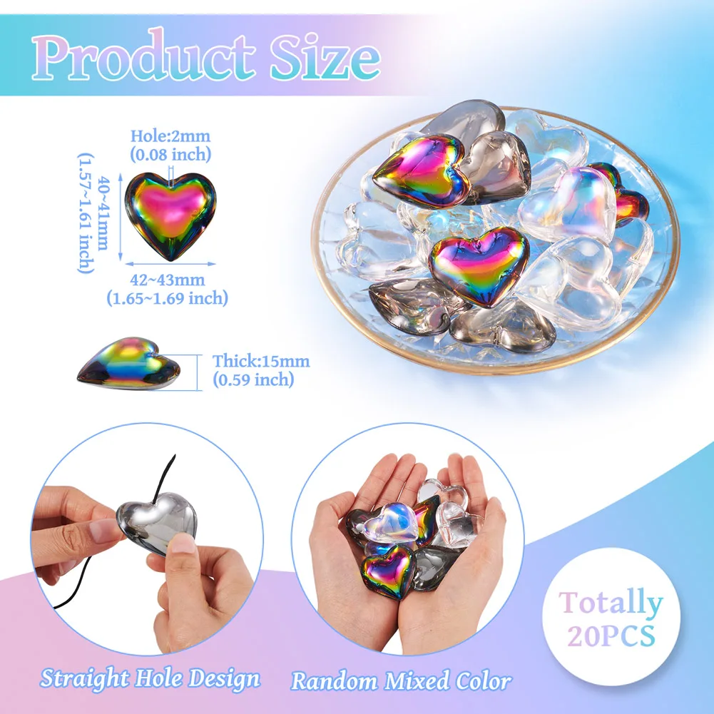 20pcs Glass Heart Pendants for necklace jewelry making DIY Necklace Crafts 42x43.5x15mm, Hole: 2mm F60