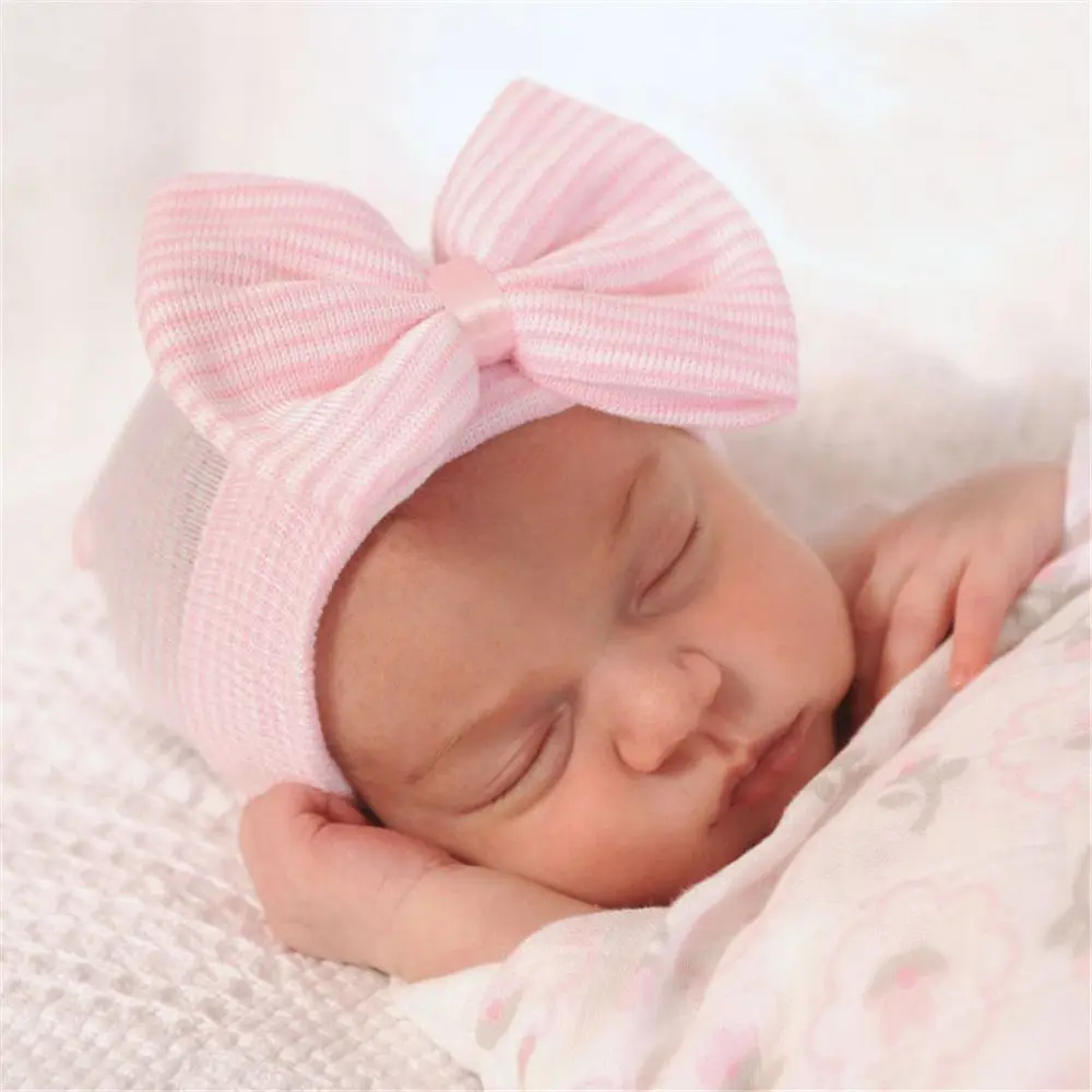 Chapeau d'hôpital en coton pour nouveau-né, bonnet de pépinière avec nœud, joli chapeau à rayures pour bébé, turban doux pour bébés filles