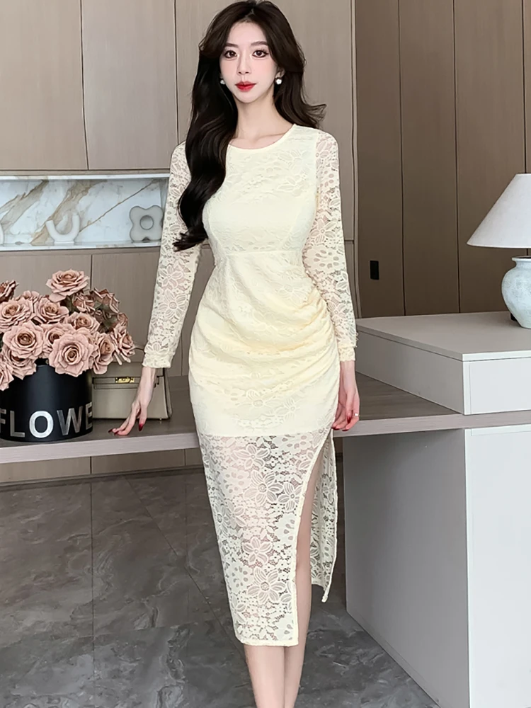 

Женское длинное кружевное платье, элегантное модное шикарное соблазнительное Клубное платье с разрезом, винтажные Роскошные вечерние платья в Корейском стиле, весна-осень-зима 2024