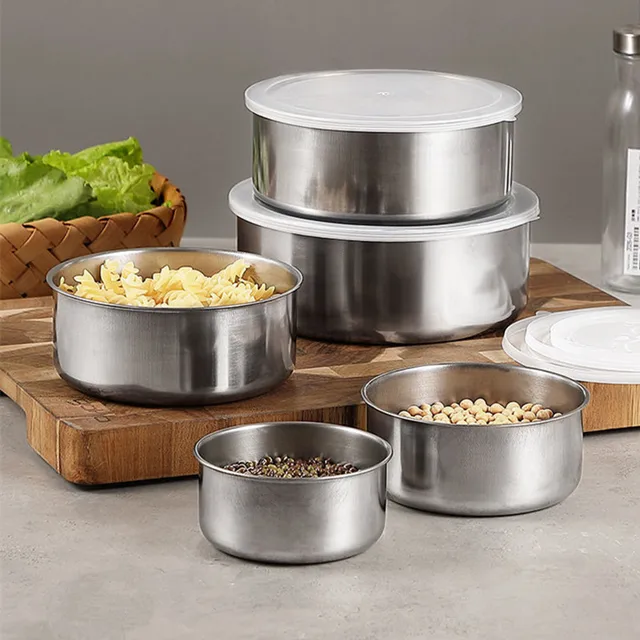 Boîte à déjeuner ronde en acier inoxydable pour micro-ondable, conteneurs de stockage scellés pour aliments de pique-nique, bol de conservation de la fraîcheur, accessoires de cuisine 5 pièces 2