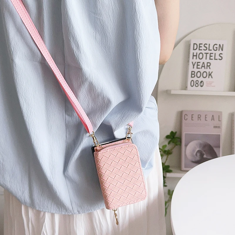 Woven Pattern Crossbody Zipper Wallet with Lanyard and Card Slot - PU Leather Case